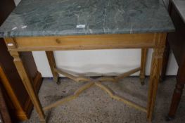 VICTORIAN PINE FRAMED AND MARBLE TOP SIDE TABLE WITH X-FORMED STRETCHER, 80CM WIDE