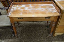 LATE VICTORIAN PINE BOW FRONT SIDE TABLE OR WASH STAND WITH GALLERIED BACK AND SINGLE DRAWER