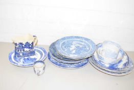 COLLECTION OF VARIOUS 19TH CENTURY BLUE AND WHITE DECORATED PLATES AND OTHER ITEMS