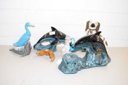 MIXED LOT TO INCLUDE POOLE POTTERY DOLPHINS, STAFFORDSHIRE DOGS, CHINESE BLUE GLAZED DUCKS AND OTHER