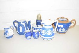 COLLECTION OF VARIOUS WEDGWOOD JASPERWARE AND OTHER SIMILAR POTTERY ITEMS TO INCLUDE TEA POTS, CREAM