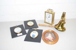MIXED LOT COMPRISING THREE MINIATURE PRINTS IN EBONISED FRAMES, SMALL BRASS BELL, MODERN CARRIAGE