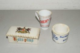 3 SMALL PIECES CHINA VIZ LIQUEUR CUP, HAIRPIN BOX AND ONE OTHER