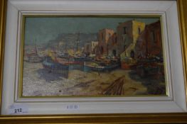 ANDREA PATRISI (20TH CENTURY CONTINENTAL) STUDY OF FISHING BOATS AT SHORE, OIL ON BOARD, GILT