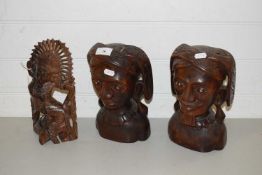 PAIR OF FAR EASTERN HARDWOOD CARVED BUSTS, TOGETHER WITH A FURTHER INDONESIAN DANCING FIGURE (3)