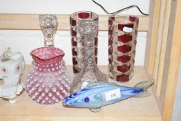 GLASS WARES TO INCLUDE MID-CENTURY FRENCH VASES, CLEAR GLASS CANDLESTICKS, CRANBERRY GLASS JUG,