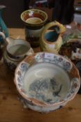 VARIOUS CERAMICS INCLUDING A BRETBY JUG WITH FISH HANDLE, DOULTON SERIES WARE BARREL WITH SHIPPING