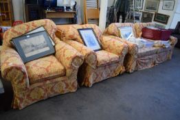 THREE PIECE SUITE, SETTEE AND TWO ARMCHAIRS WITH A LIGHT BEIGE FLORAL DESIGN, TOGETHER WITH A FOOT