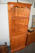 PINE CORNER UNIT WITH TWO SHELVES AND CUPBOARD BELOW