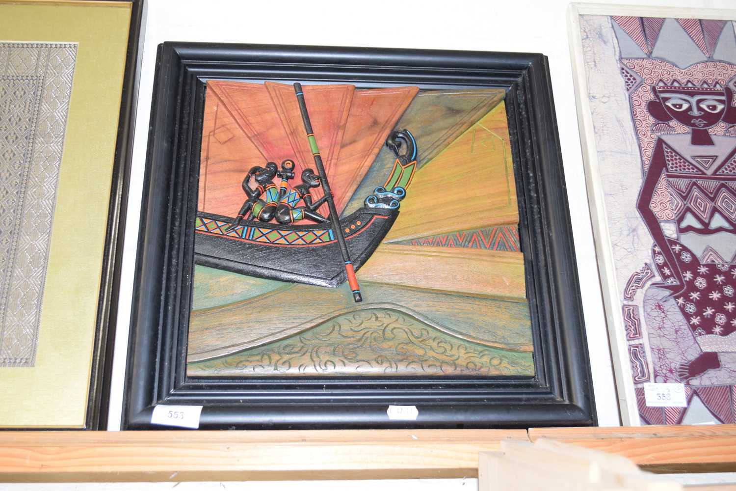 CONTEMPORARY HARDWOOD PICTURE OF TWO FIGURES ON A BOAT