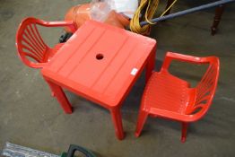 SMALL RED PLASTIC TABLE AND TWO CHAIRS