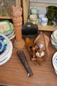 VARIOUS WARES TO INCLUDE A HARDWOOD PESTLE, LACQUERED MAGAZINE RACK, CARVED TIPSTAFF TYPE DESK