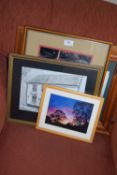 MIXED LOT OF PICTURES TO INCLUDE FRAMED PHOTOGRAPHIC PRINTS, A STUDY OF THE WHITE SWAN PUB AND