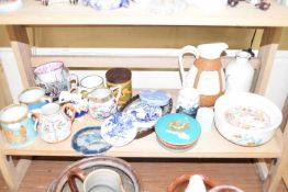 VARIOUS CERAMICS, BLUE AND WHITE POT LIDS, VARIOUS SMALL JUGS AND OTHER ITEMS