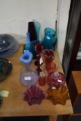 GROUP OF GLASS WARES, HANDKERCHIEF VASES, COLOURED GLASS JUGS ETC