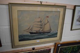 19TH CENTURY SCHOOL STUDY OF THE SHIP 'HIRZA', WATERCOLOUR, F/G, 47CM WIDE