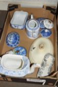 BOX CONTAINING QUANTITY OF ENGLISH PORCELAIN ITEMS, TEA POT AND LIDS TOGETHER WITH BOX CONTAINING