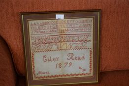 NEEDLEWORK SAMPLER SIGNED 'ELLEN READ MARCH 28TH 1879'