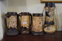 GROUP OF ART NOUVEAU BRETBY WARES IN FAUX CHINOISERIE STYLE COMPRISING PAIR OF VASES AND FURTHER TWO