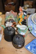 VARIOUS CERAMIC ITEMS INCLUDING BRETBY TOBACCO JAR, ART DECO COTTAGE STYLE BISCUIT BARREL AND