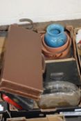 BOX OF VARIOUS MIXED BOWLS, SMALL LEATHER CASE AND OTHER ITEMS