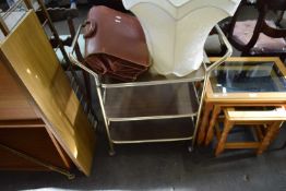 DRINKS TROLLEY TOGETHER WITH A LEATHER BRIEFCASE AND LARGE LAMPSHADE