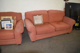 TERRACOTTA COLOURED THREE SEATER SOFA TOGETHER WITH PAIR OF ARMCHAIRS