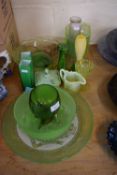 QUANTITY OF GREEN GLASS WARES, BOWLS, VASES ETC