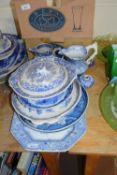 GROUP OF BLUE AND WHITE WARES, PEARLWARE JUGS, SERVING DISHES ETC