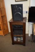 OAK CABINET CONTAINING STEREO EQUIPMENT, TOGETHER WITH TWO SPEAKERS