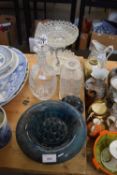 GLASS WARES, CUT GLASS DECANTER, CUT GLASS STAND AND POSY VASE ETC