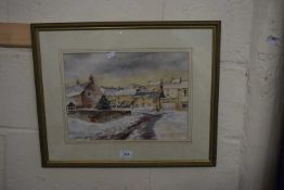 MARIAN HAGUE, CALVER VILLAGE IN THE SNOW, WATERCOLOUR, F/G, 53CM WIDE