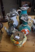 MAINLY 19TH CENTURY PRATTWARE STYLE JUGS WITH METAL COVERS AND FURTHER ART DECO BISCUIT BARREL