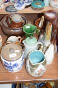 VARIOUS CERAMICS TO INCLUDE VICTORIAN WEDGWOOD JUG, GLAZED EGG CROCK, BISCUIT BARREL, AND OTHER