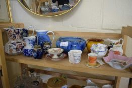 VARIOUS ASSORTED CERAMICS TO INCLUDE IRONSTONE JUG, DECORATED CONDIMENT ITEMS, JUGS ETC