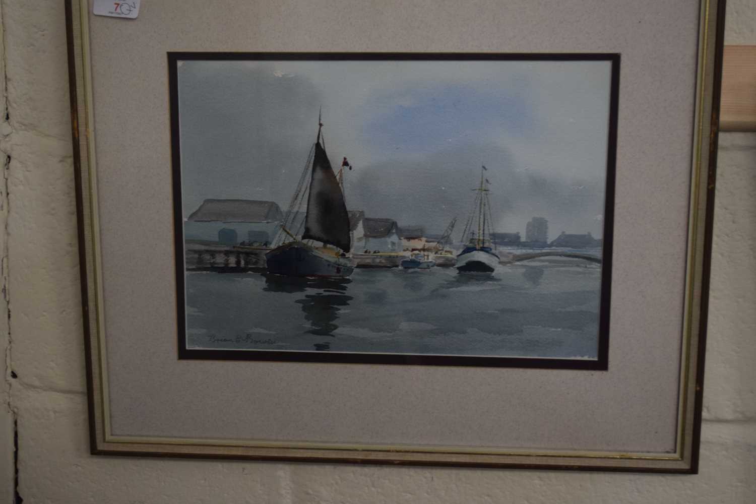 BRIAN BOWEN, SET OF THREE MARITIME SCENES DEPICTING SHIPS DOCKSIDE AND IN PORT, WATERCOLOUR ON - Image 2 of 2
