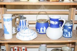 VARIOUS WEDGWOOD JASPERWARE AND OTHER CERAMICS TO INCLUDE VARIOUS JUGS, BISCUIT BARREL, COVERED DISH