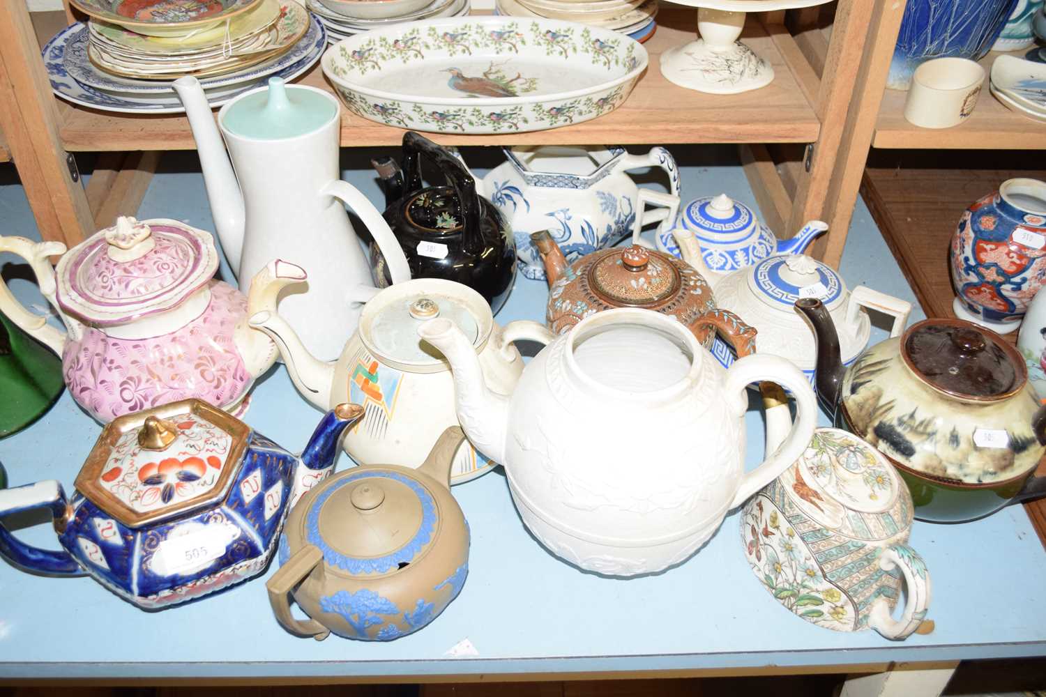 VARIOUS DECORATED TEA POTS TO INCLUDE WEDGWOOD JASPERWARE, DOULTON STONEWARE, VICTORIAN AND EARLY