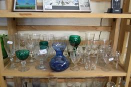 VARIOUS GLASS WARES TO INCLUDE A BLUE HYACINTH GLASS, VARIOUS WINES ETC