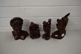 MIXED LOT COMPRISING TWO CHINESE HARDWOOD FIGURES TOGETHER WITH TWO FURTHER SOUTH EAST ASIAN FIGURES