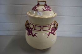 LARGE VICTORIAN CERAMIC TWO-HANDLED JAR WITH RIBBON MOUNTS