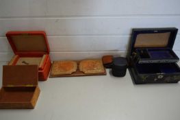 MIXED LOT VINTAGE JEWELLERY BOXES, LEATHER MOUNTED ADJUSTABLE BOOK RACK AND OTHER ITEMS