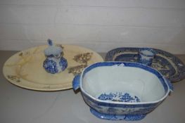 MEAT PLATES, WILLOW PATTERN SOUP TUREEN, MASONS JUG ETC