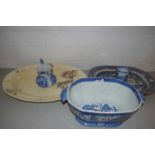 MEAT PLATES, WILLOW PATTERN SOUP TUREEN, MASONS JUG ETC