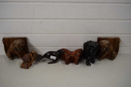 MIXED LOT OF VARIOUS CARVED WOODEN ANIMALS TO INCLUDE RECUMBENT LION, EBONY ELEPHANT AND OTHERS