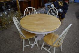 MODERN CIRCULAR PEDESTAL KITCHEN TABLE AND FOUR STICK BACK CHAIRS