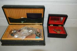 SMALL LEATHER COVERED JEWELLERY BOX AND VARIOUS CONTENTS PLUS A FURTHER SMALL LACQUERED BOX (2)