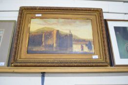19TH CENTURY SCHOOL STUDY OF A RUINED CASTLE, OIL ON CANVAS, GILT FRAME, 67CM WIDE