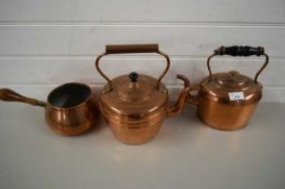 TWO COPPER KETTLES AND A COPPER PAN