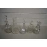 MIXED LOT OF CLEAR GLASS DECANTERS, GLASS VASE ETC